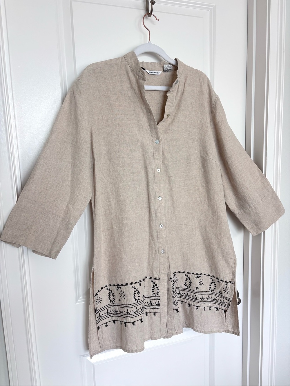 100% Irish Linen Vintage Richard Malcolm Embroidered Tunic M Beige Boho Coastal